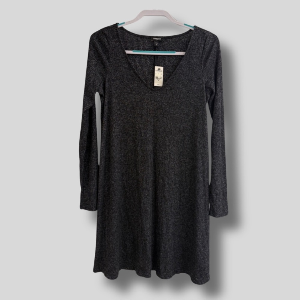 Express NWT Women’s V-Neck Long Sleeve Dress Heathered Black Sz M RTV $50
